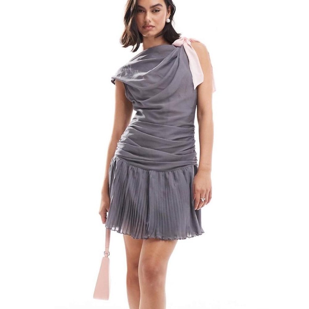 ASOS Gray Pink Drape Pleated Mini Dress Off Shoulder Women’s Size 4